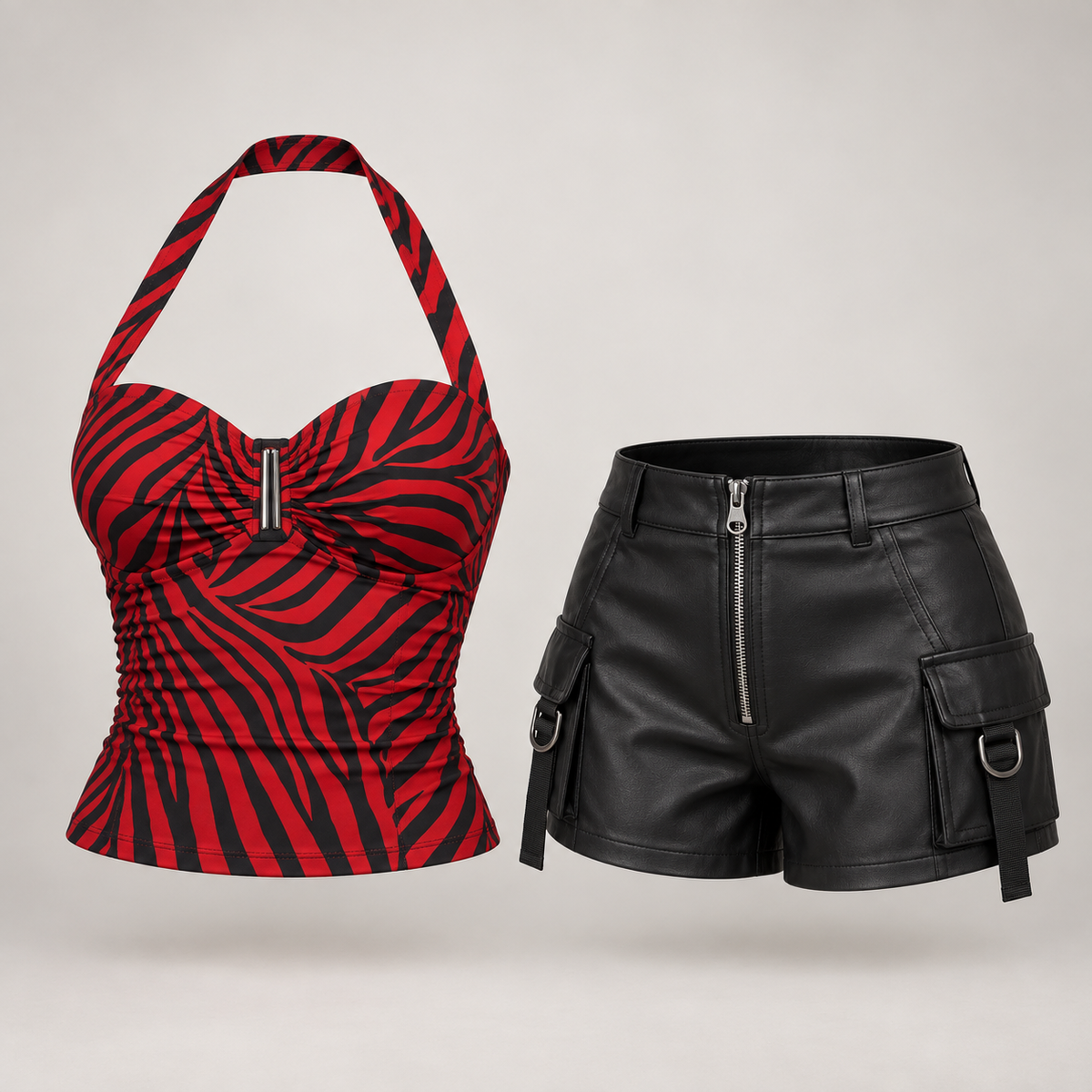 Nikki Obsession red zebra halter top and black shorts set