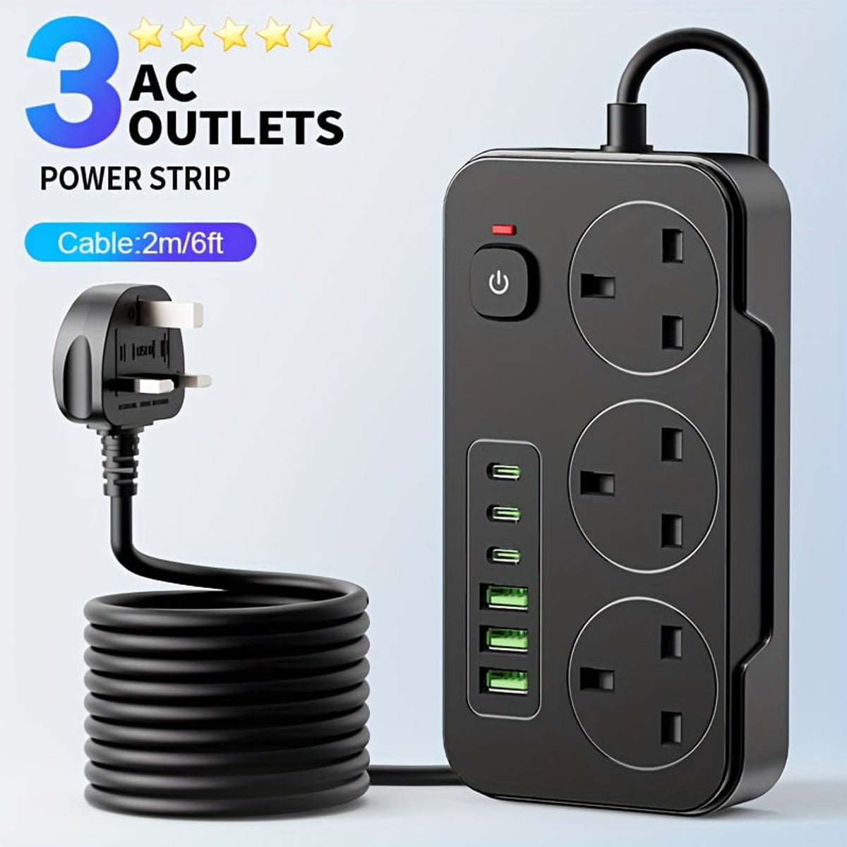 Power Strip With 3 AC Outlets And 6 USB Ports 6.6-Foot Extension Cable - Image 1