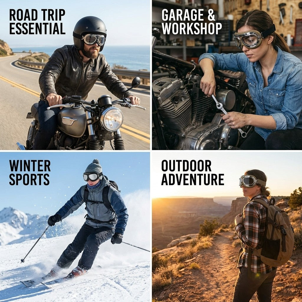 retro motorcycle goggles shown in multiple settings