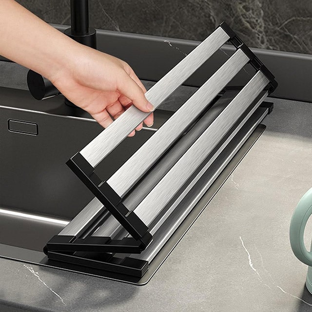 Rollable Dish Drying Rack Stainless Steel Drainer With Silicone Edges Over The Sink For Kitchen Use - Image 1