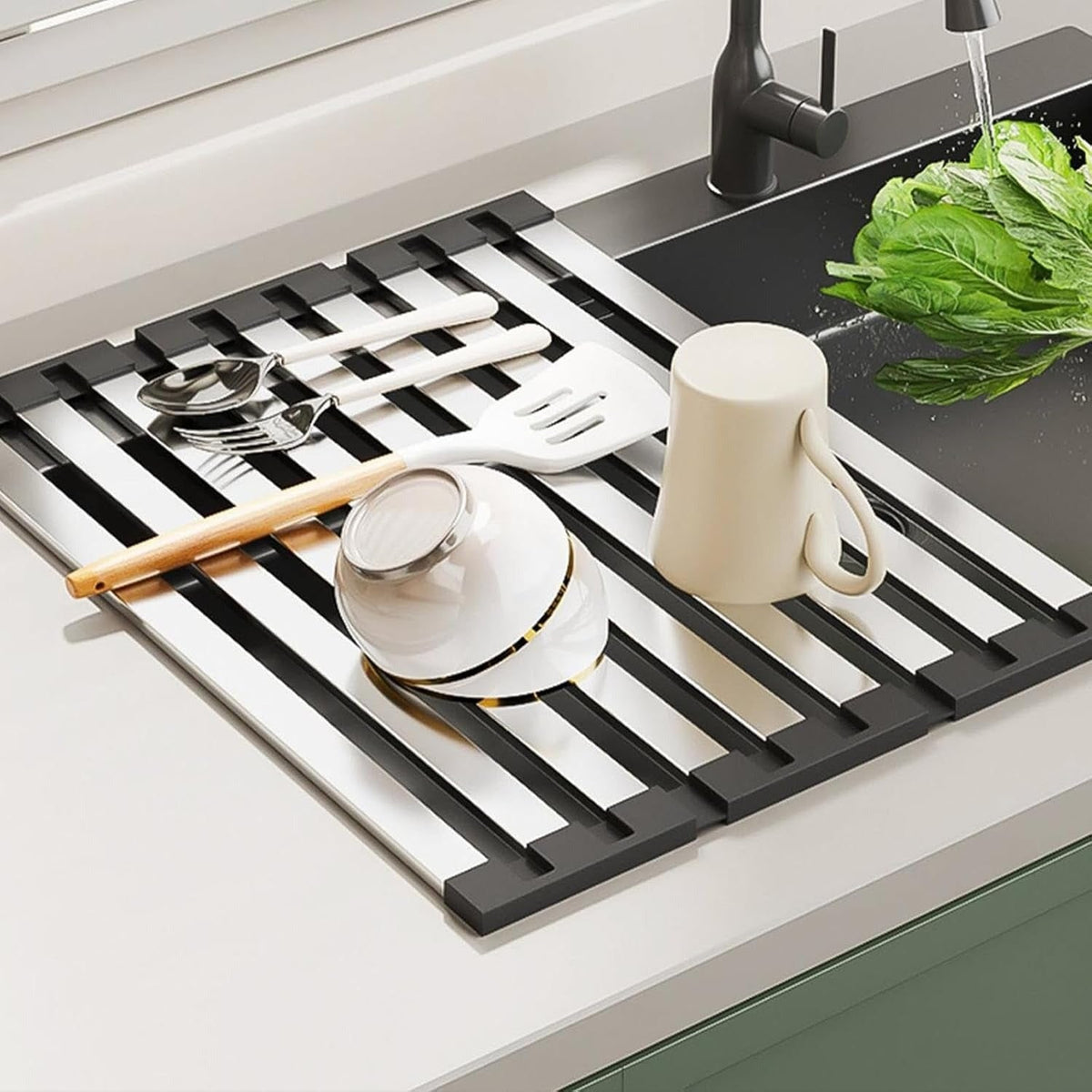 Rollable Dish Drying Rack Stainless Steel Drainer With Silicone Edges Over The Sink For Kitchen Use - Image 3