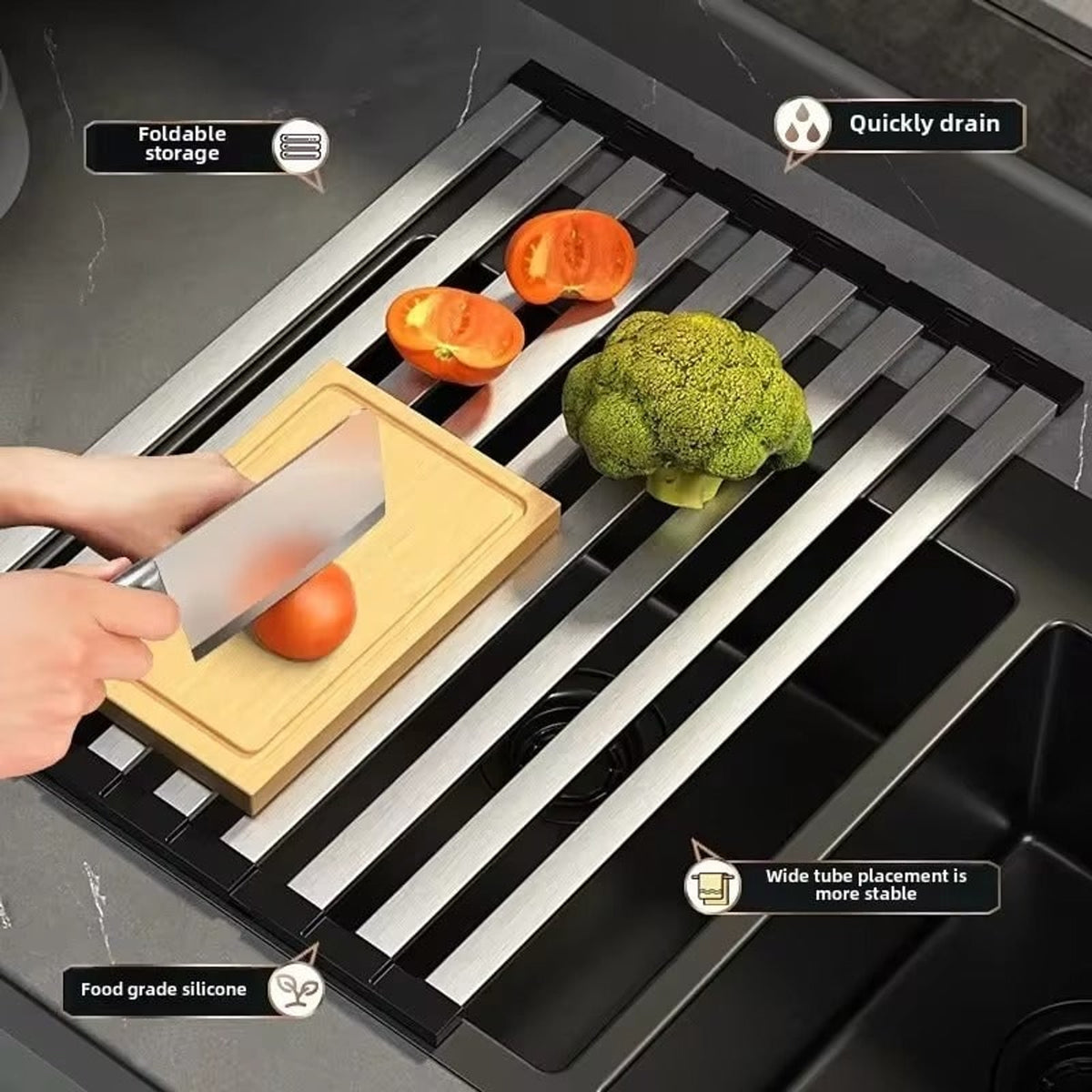 Rollable Dish Drying Rack Stainless Steel Drainer With Silicone Edges Over The Sink For Kitchen Use - Image 7