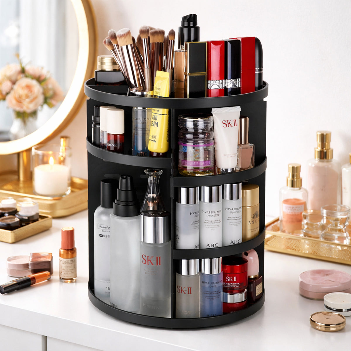 Rotating Makeup Organizer With Adjustable Acrylic Shelves 360 Degree Spinning Cosmetic Storage For Desk - Image 2