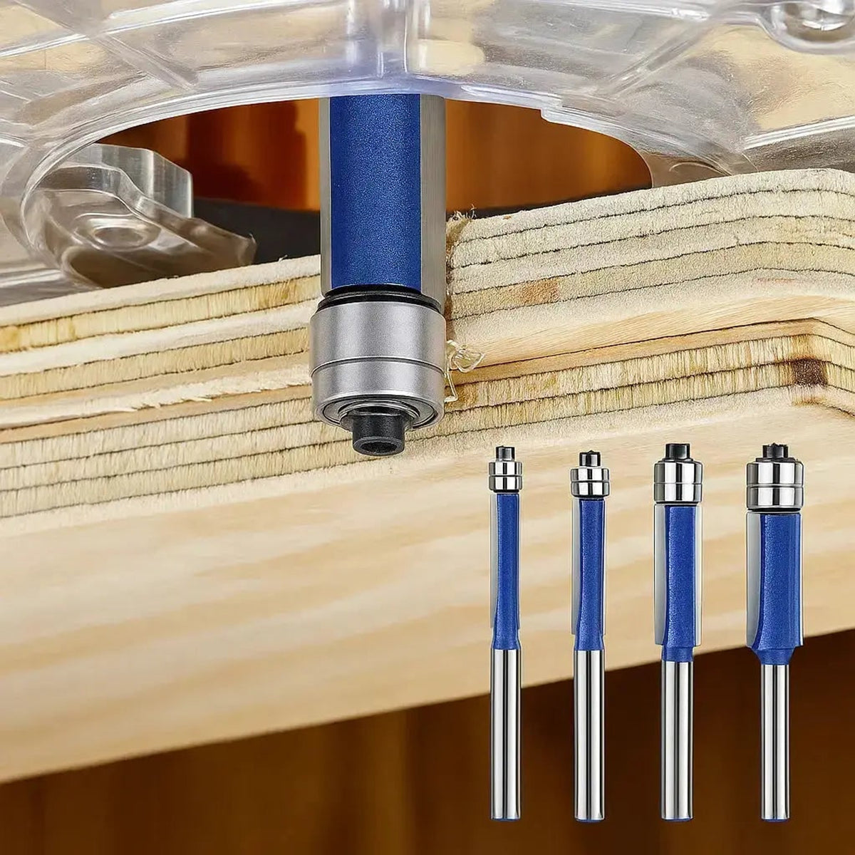 Router Bit Set Carbide Trimming 1 4 Shank Bearing Guide Flush Trim 4 Piece - Image 1