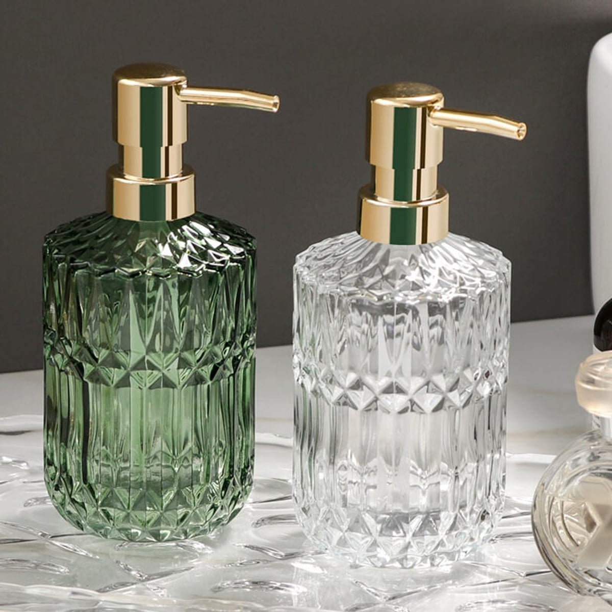 Soap Dispenser Refillable Glass Faceted Pump Bottle For Kitchen Or Bathroom - Image 2