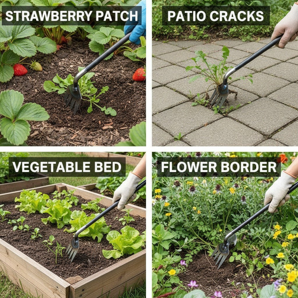 hand weeding tool shown in multiple settings