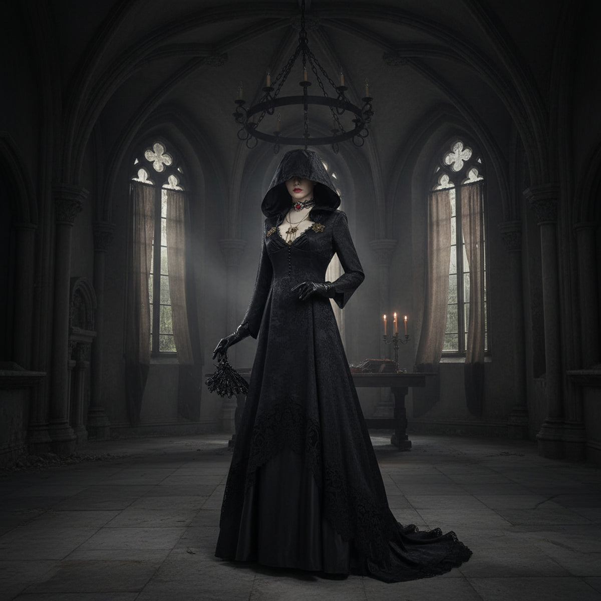 Vampire Costume With Hood Halloween Gothic Hooded Black Dress Floor-Length Ensemble With Gloves And Lace Choker Pendant - Image 1