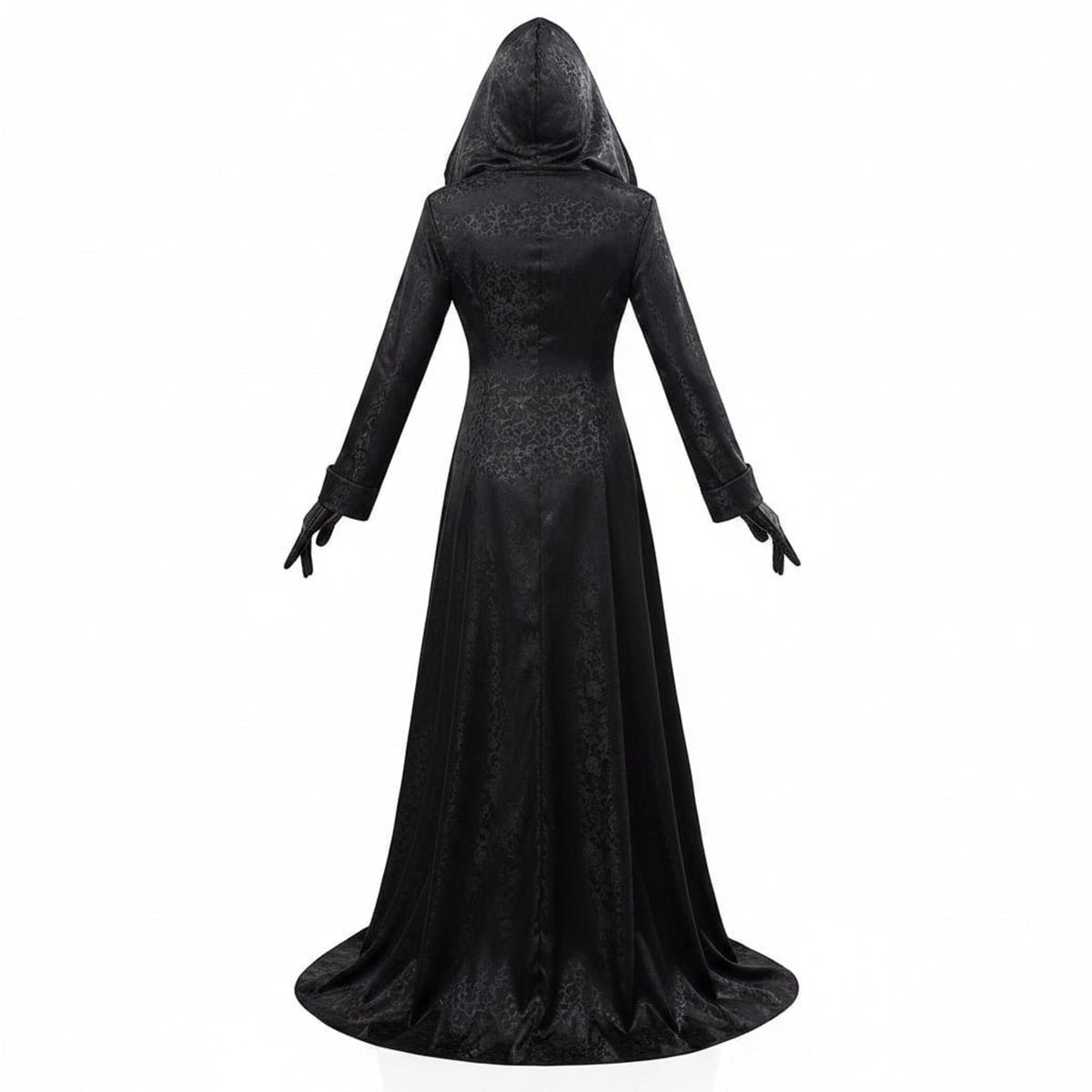 Vampire Costume With Hood Halloween Gothic Hooded Black Dress Floor-Length Ensemble With Gloves And Lace Choker Pendant - Image 3