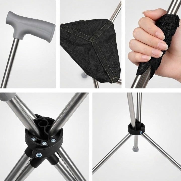 Walking Cane With Seat Folding Portable Tripod Stool Stainless Steel Silver Black - Image 8
