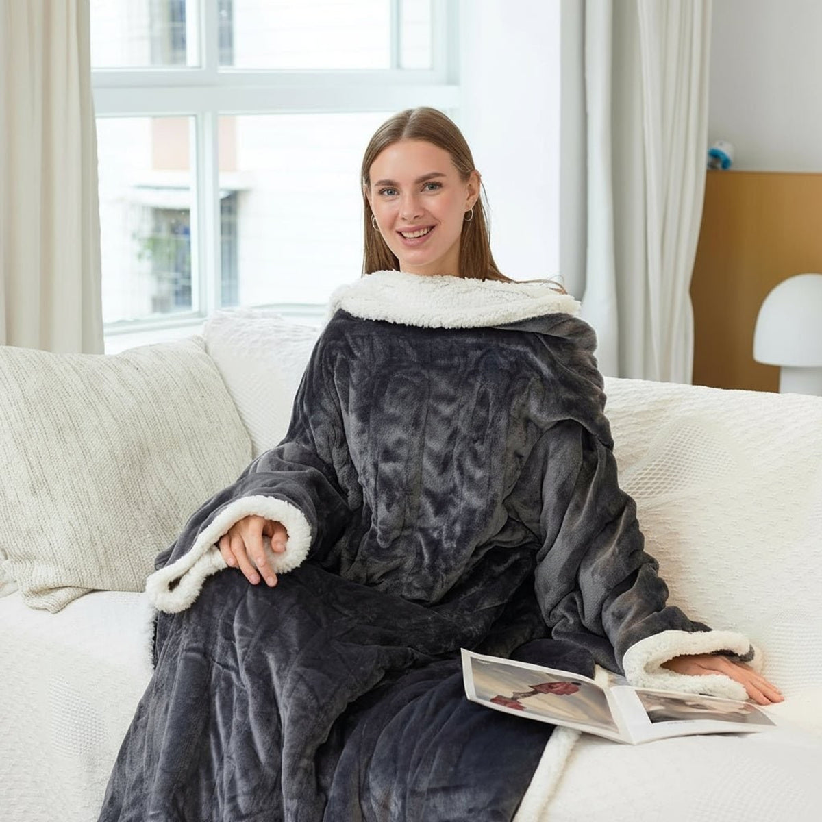 Wearable Heated Blanket Electric With Sleeves And Foot Pocket Sherpa Fleece Throw - Image 1