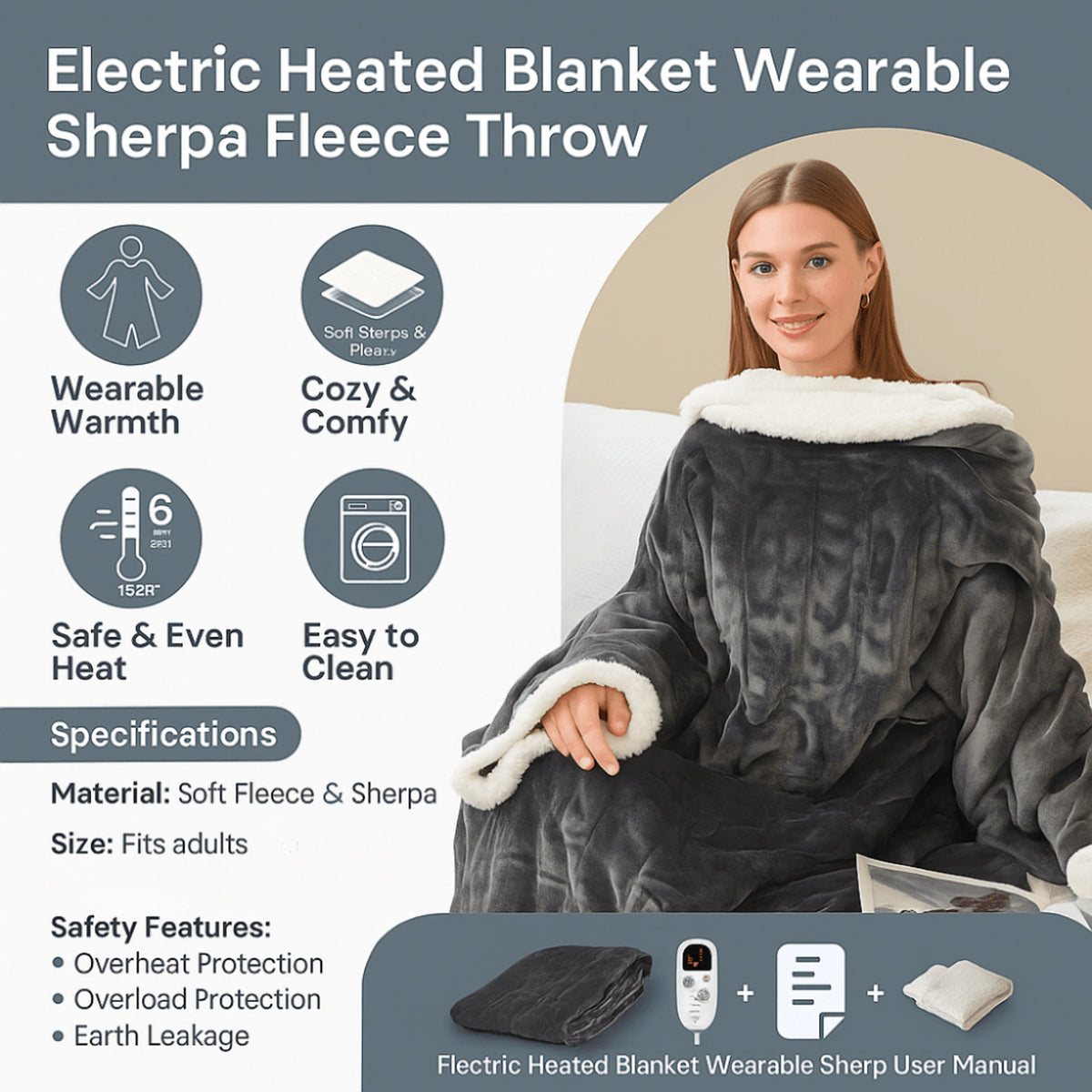 Wearable Heated Blanket Electric With Sleeves And Foot Pocket Sherpa Fleece Throw - Image 6