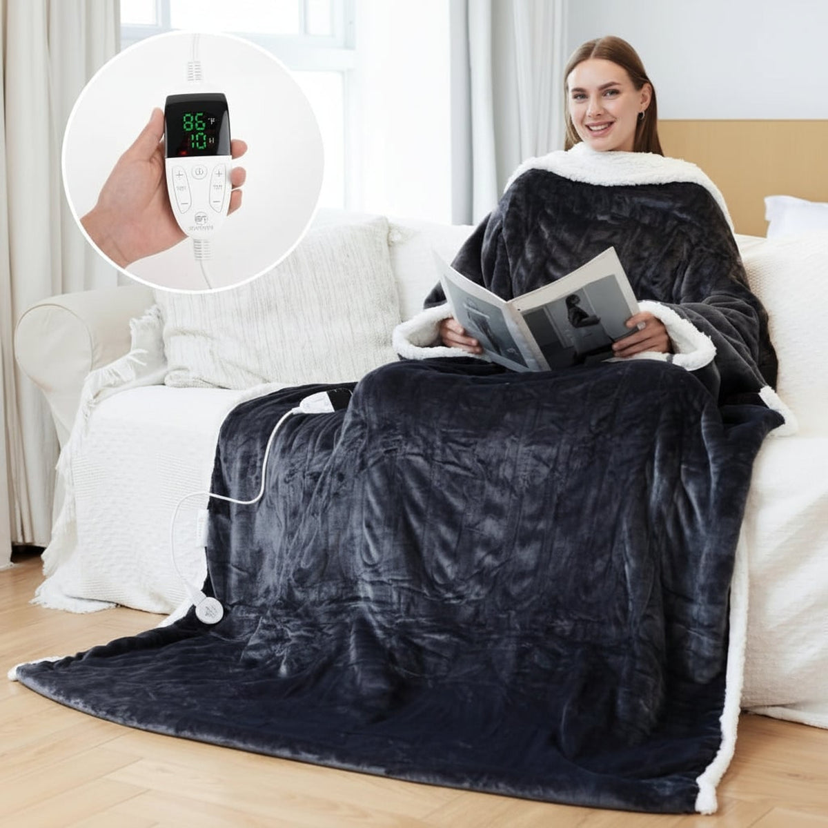 Wearable Heated Blanket Electric With Sleeves And Foot Pocket Sherpa Fleece Throw - Image 9