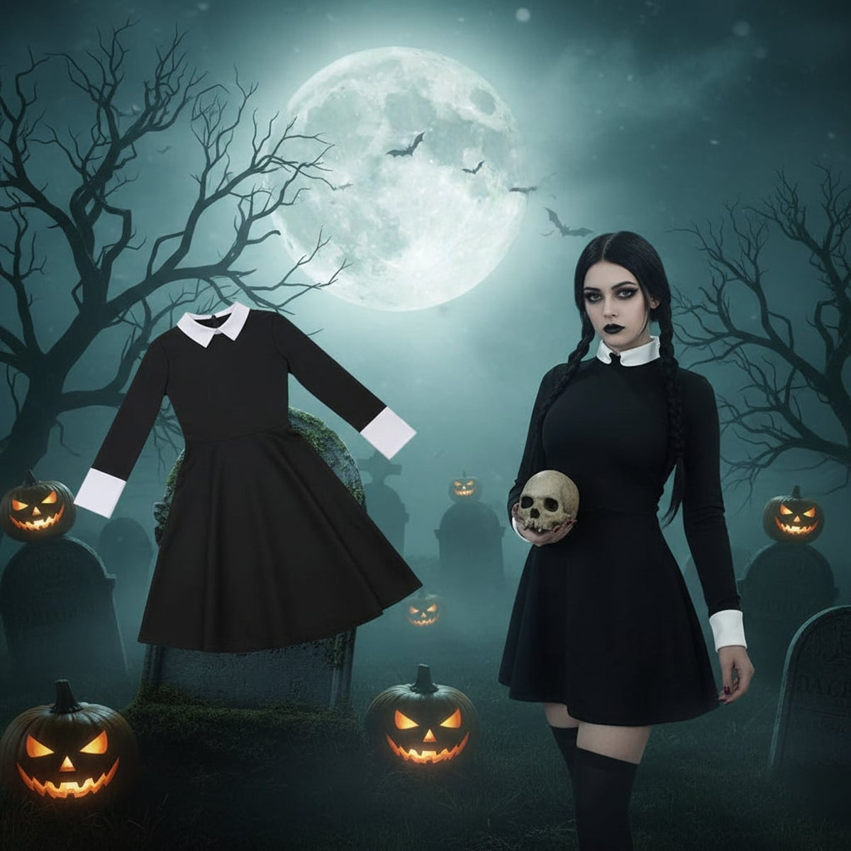 Women's Gothic Schoolgirl Halloween Costume Dress With White Collar - Image 1