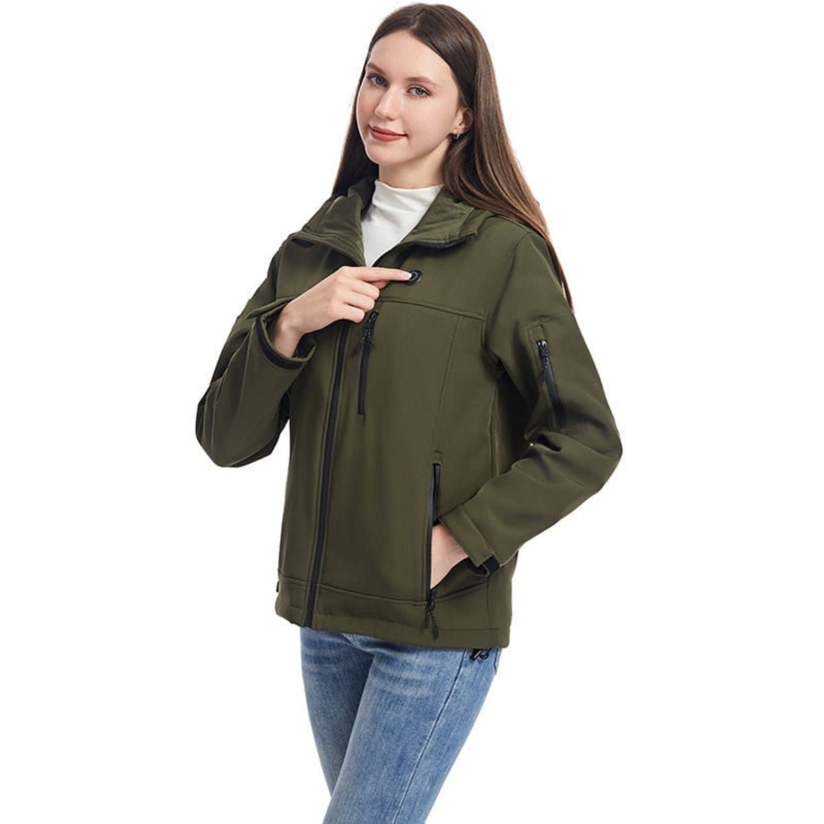 Women's Heated Softshell Jacket Full Zip Hood Electric Warm Coat With Adjustable Drawcord And Hook Cuffs - Image 8