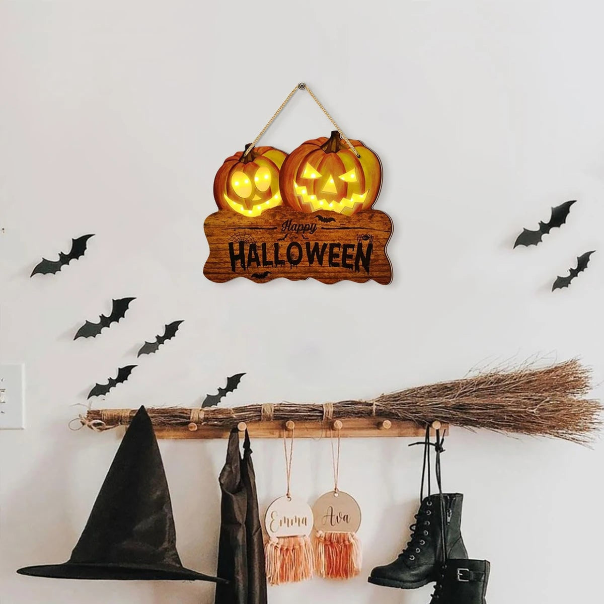 Wooden Halloween Sign With Integrated Glowing Pumpkins Hanging Rustic Halloween Decoration For Porch And Home Perfect Halloween Decor - Image 4
