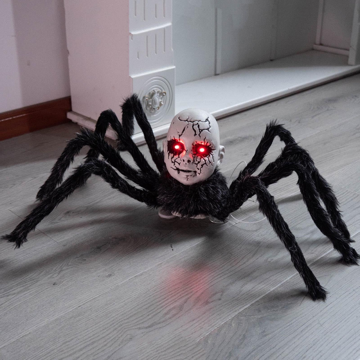 Animatronic Halloween Prop Spider With Doll Face And Glowing Red Eyes For Creepy Decor - Image 6