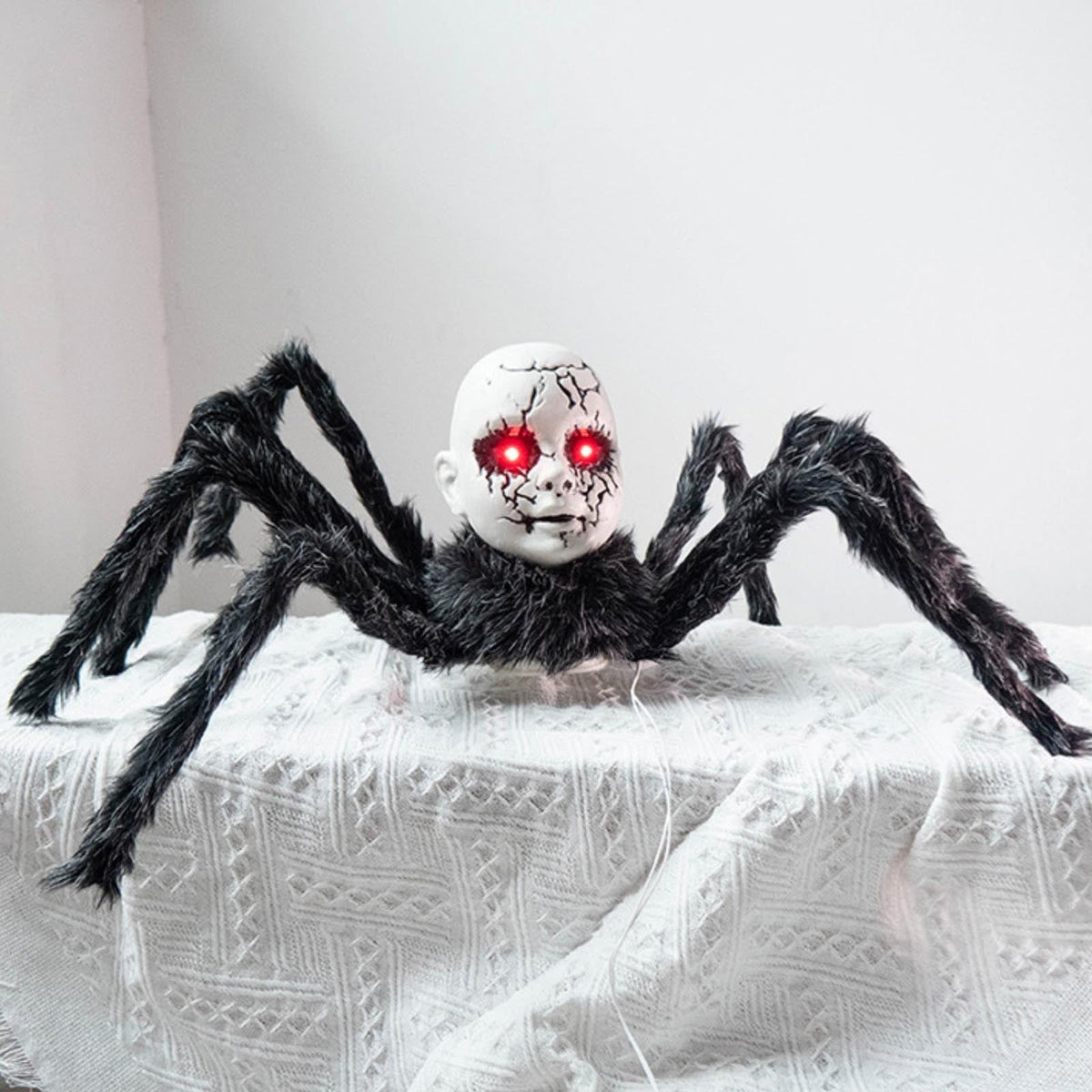 Animatronic Halloween Prop Spider With Doll Face And Glowing Red Eyes For Creepy Decor - Image 8