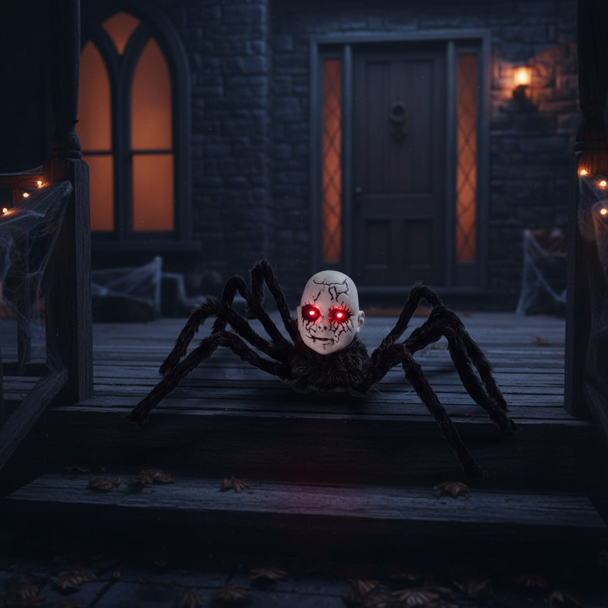 Animatronic Halloween Prop Spider With Doll Face And Glowing Red Eyes For Creepy Decor - Image 4