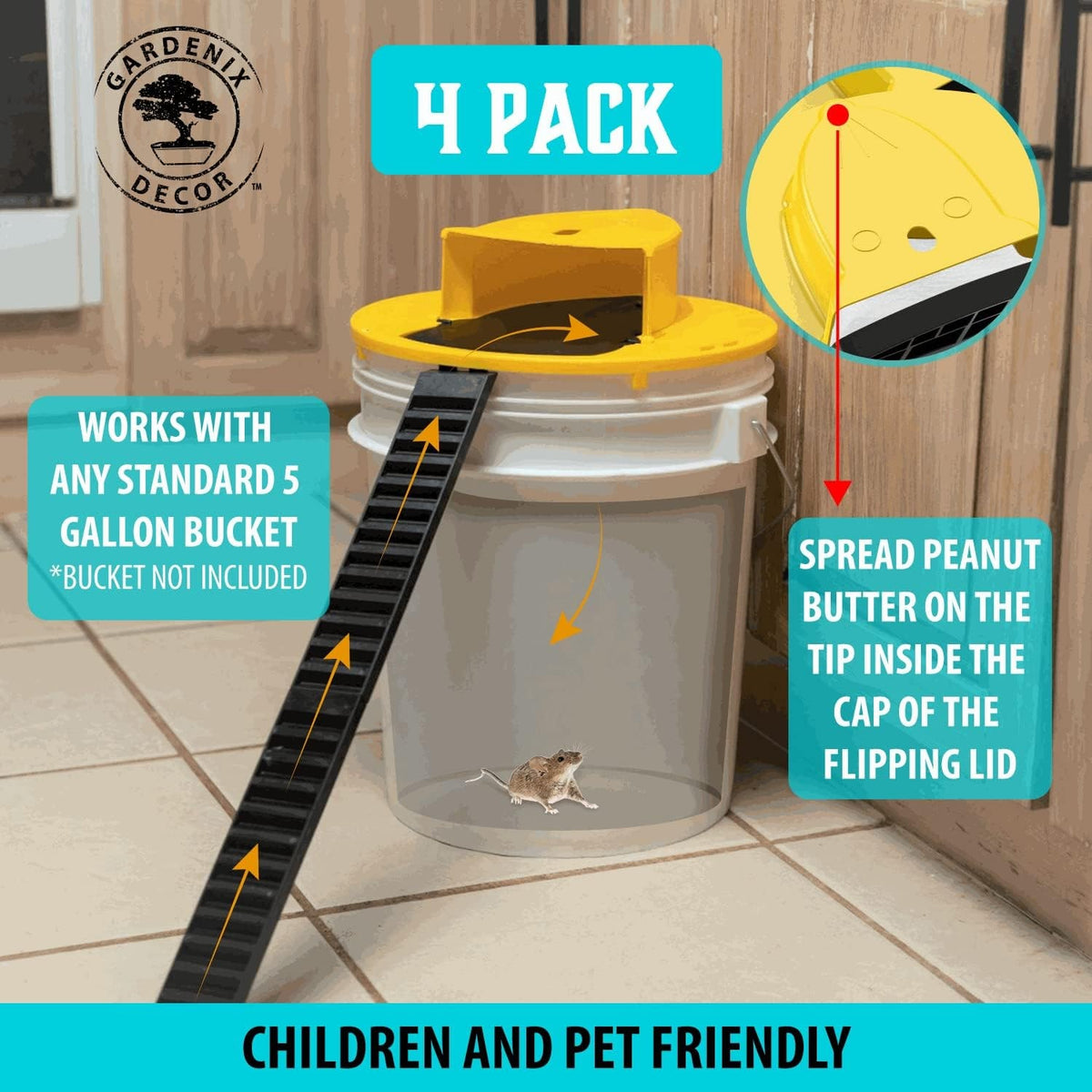 Bucket Lid Mouse Trap Flip Slide Humane Rat 4 Pack Yellow Black Plastic - Image 3