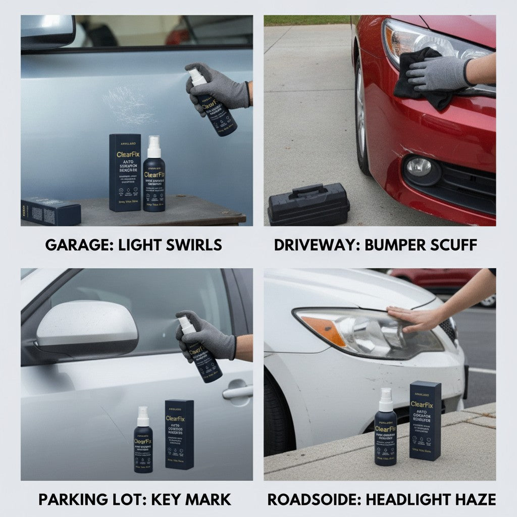 car scratch remover spray shown in multiple settings