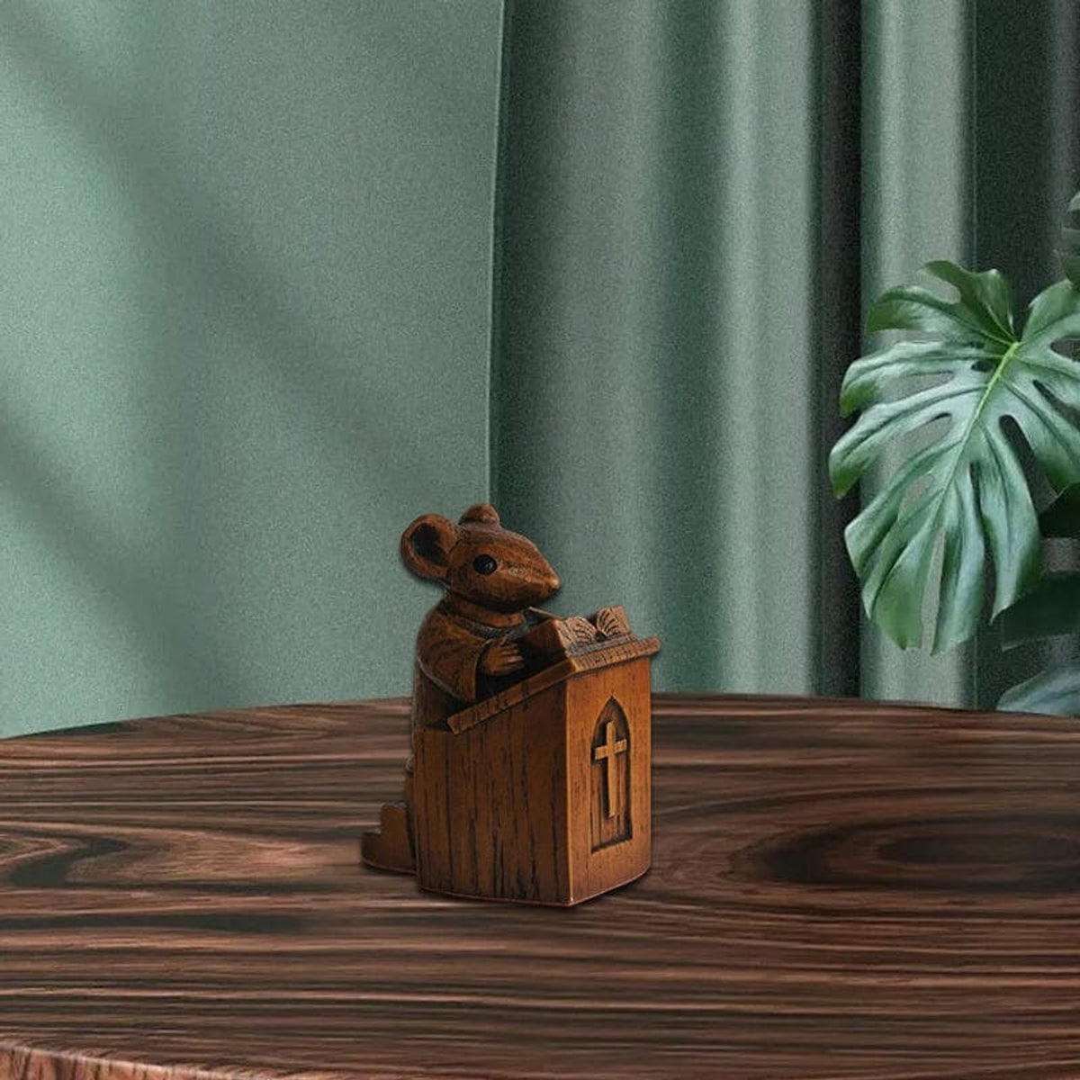 Church Mouse Figurine Reading Podium Statue Brown Wood Look Decor Cross - Image 2