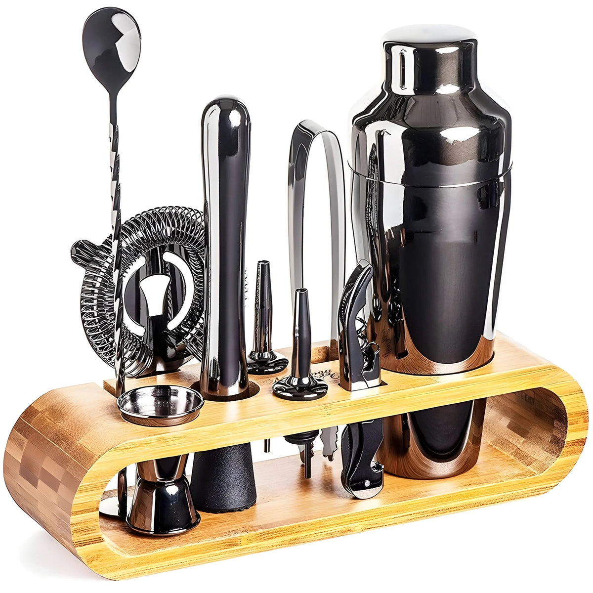 Cocktail Set Stainless Steel Bar Tool Kit Bamboo Stand Shaker Jigger Muddler - Image 1