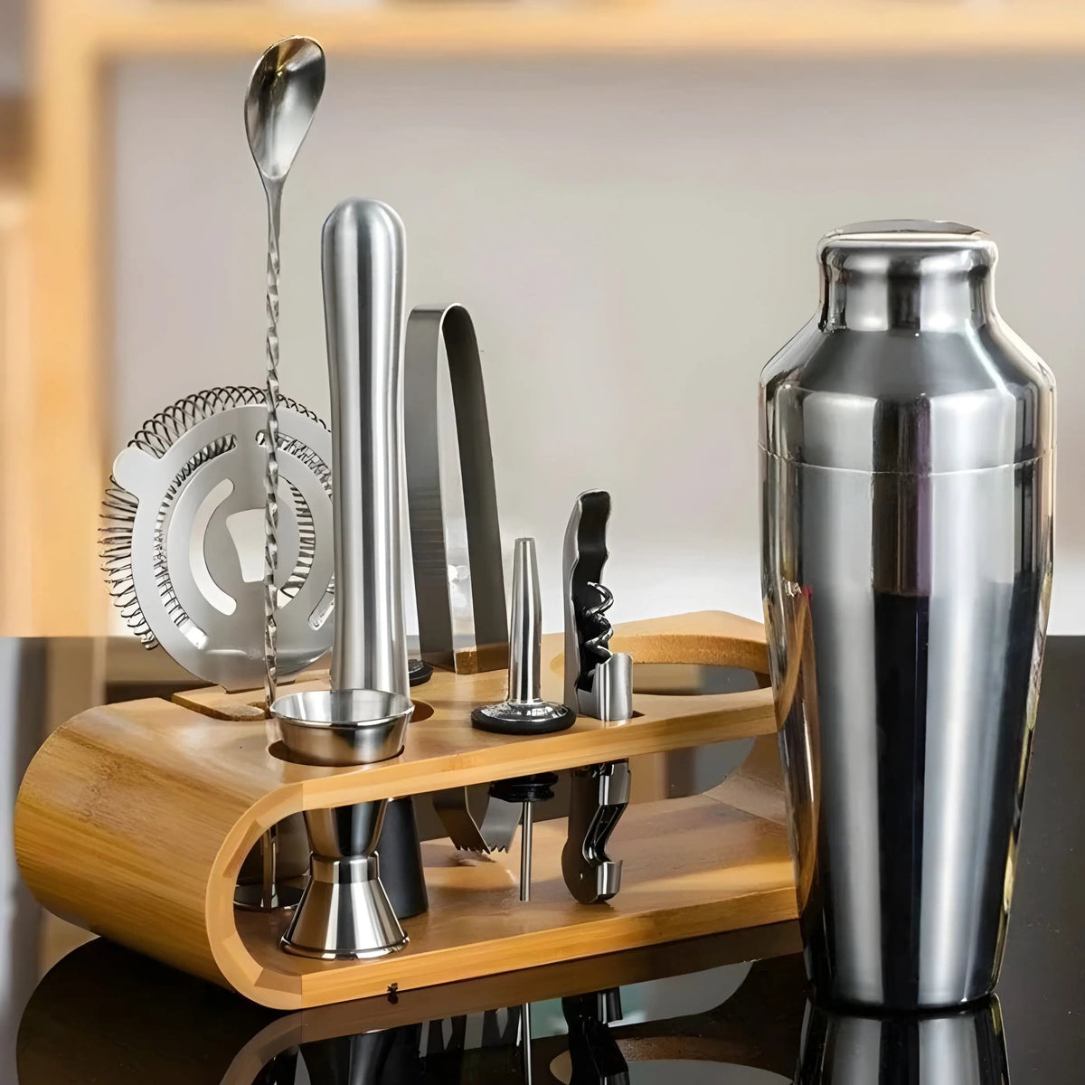 Cocktail Set Stainless Steel Bar Tool Kit Bamboo Stand Shaker Jigger Muddler - Image 3