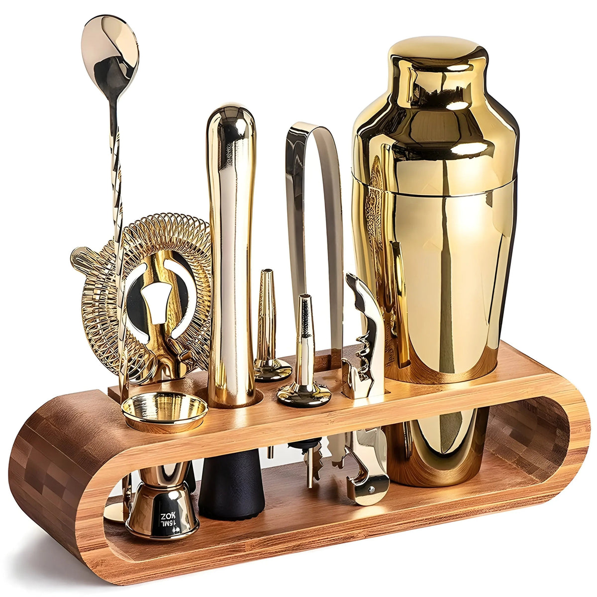 Cocktail Set Stainless Steel Bar Tool Kit Bamboo Stand Shaker Jigger Muddler - Image 7