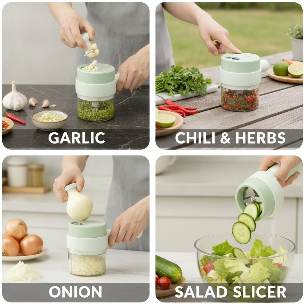 cordless vegetable cutter shown in multiple settings
