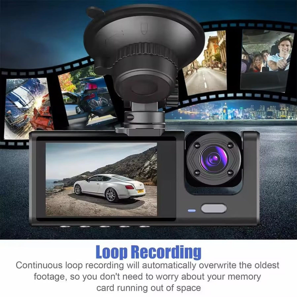 Dash Cam Dual Lens 1080p Car Dashboard With G-Sensor Loop Recording Suction Cup Mount - Image 2