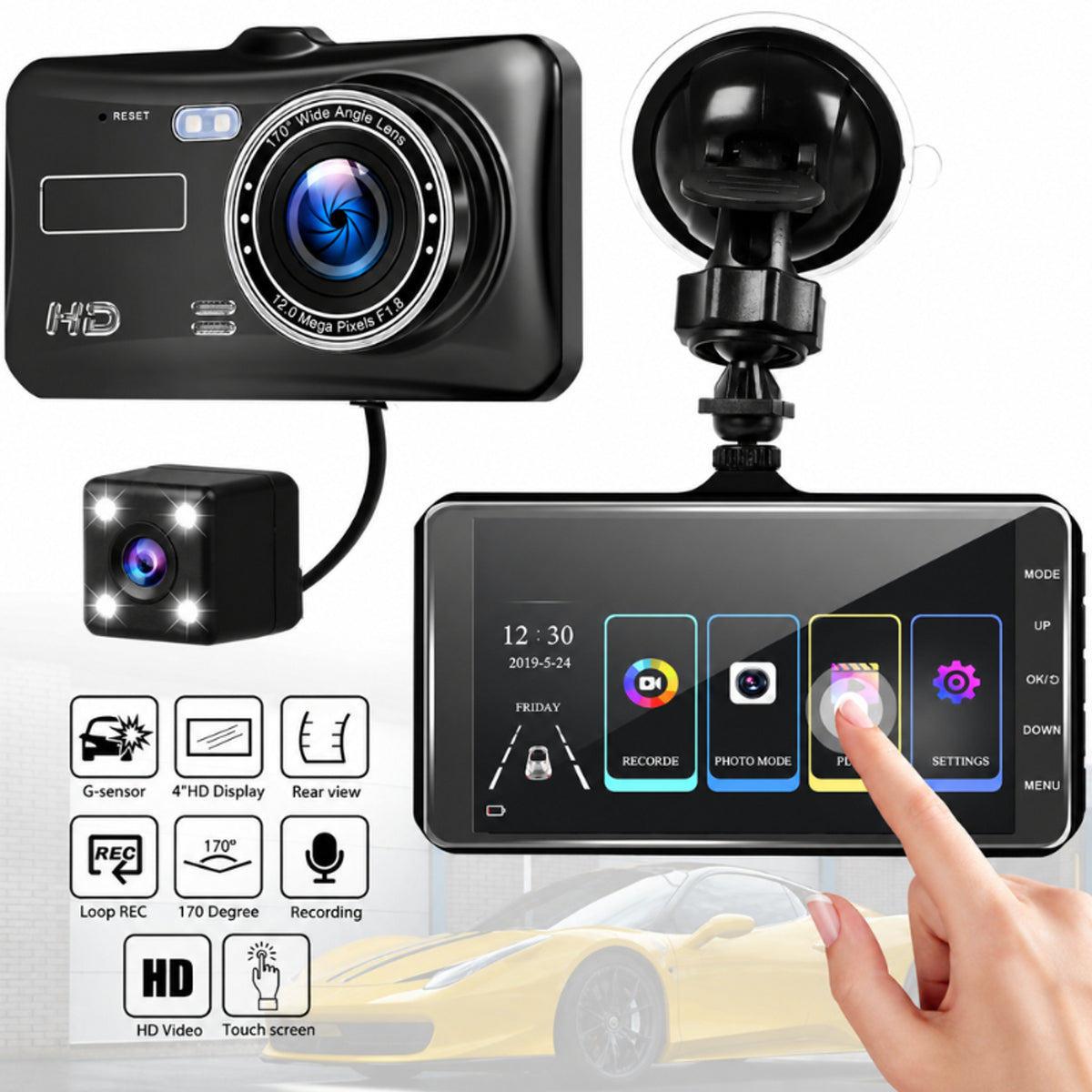 Dash Cam Dual System 1080p Car Camera With Rear View And Touch Screen Display - Image 1