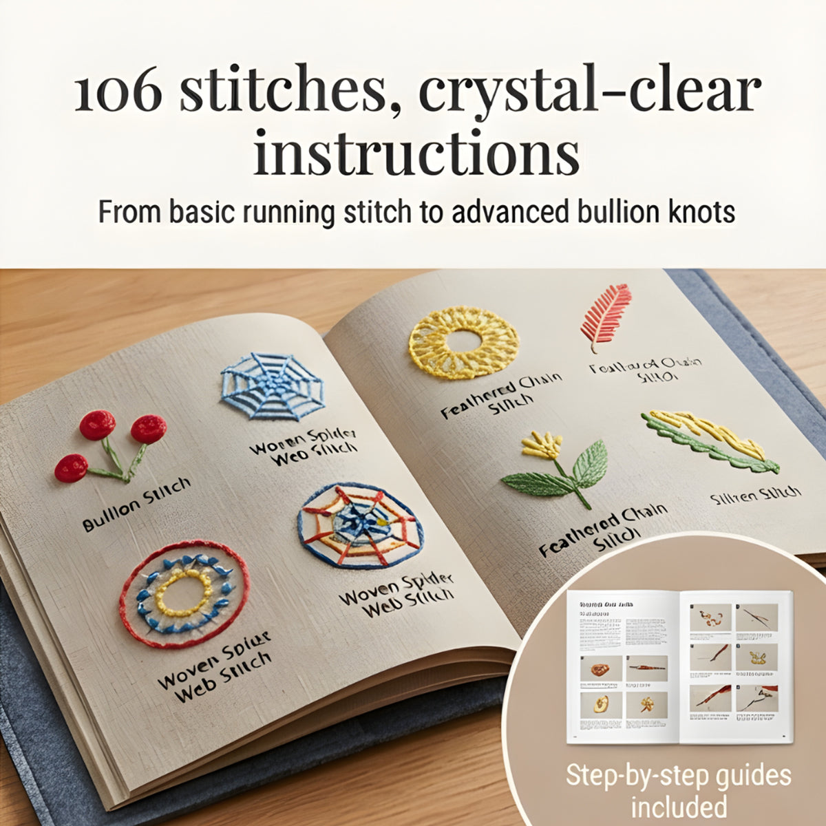 Embroidery Book Set With 106 Stitches And Removable Linen Practice Pages - Image 8