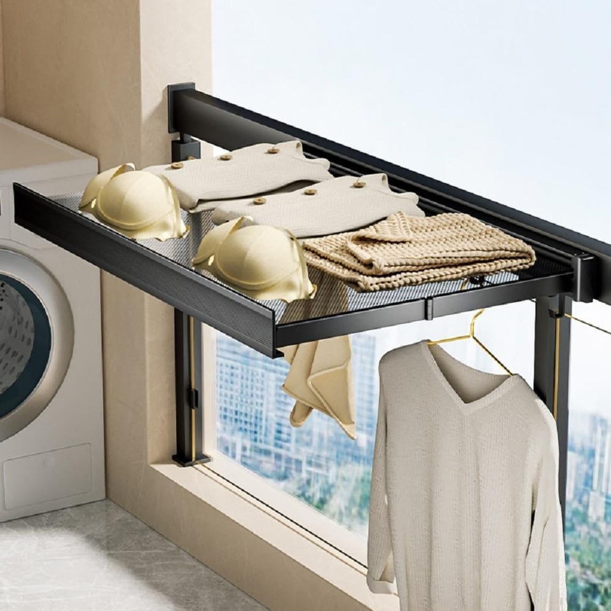 Foldable Drying Rack Wall Mounted With Foldable Mesh Tray And Hanging Hooks Space-Saving Design For Laundry Room Balcony Garden And Terrace - Image 1