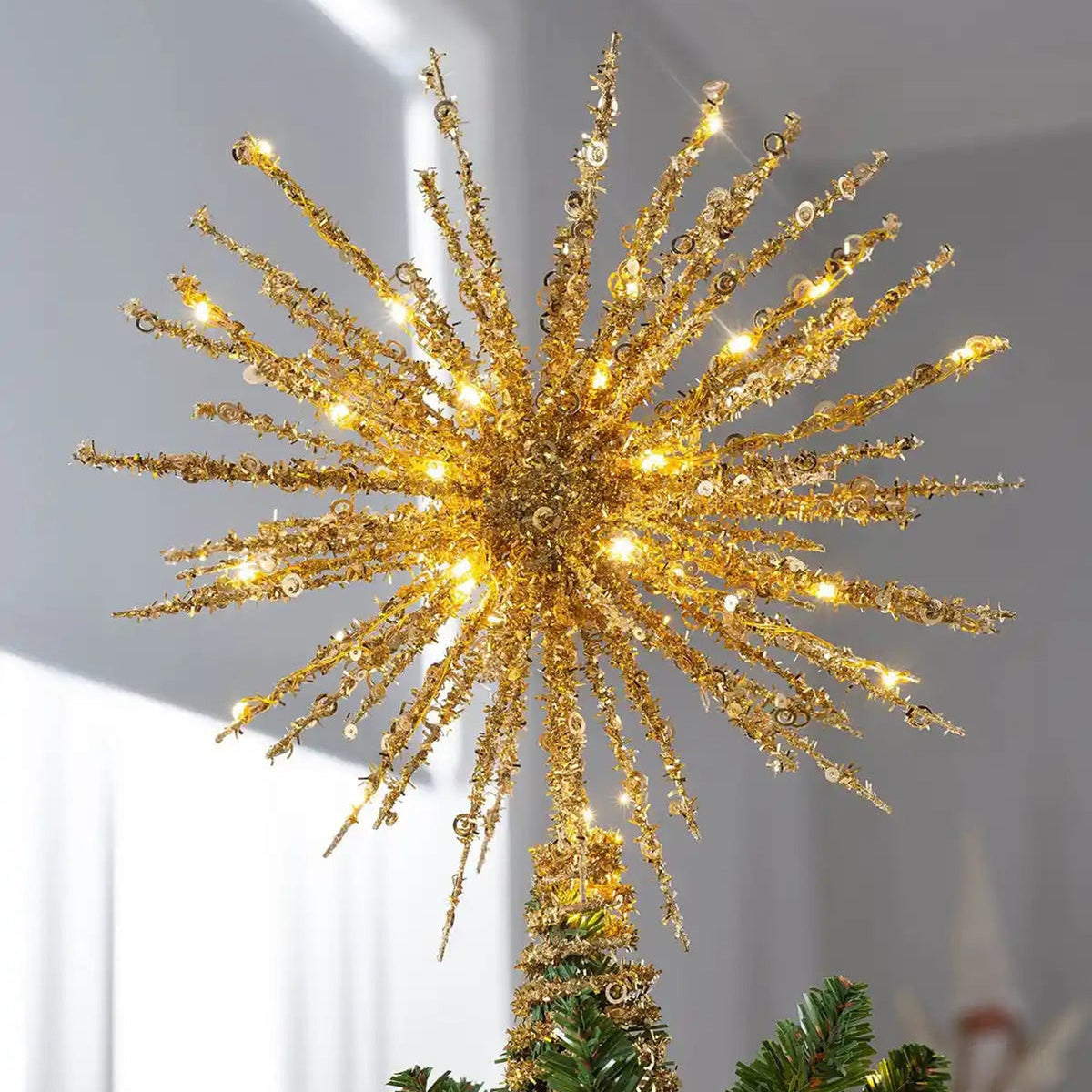 Glittering Starburst Christmas Tree Topper With Warm White LED Lights - Image 3