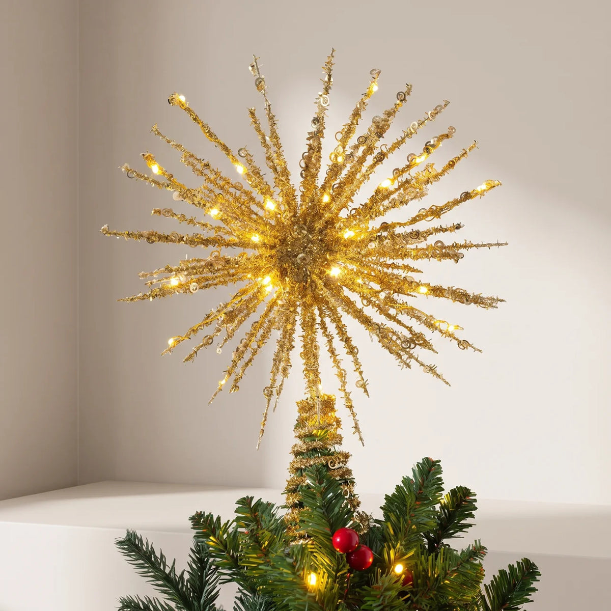Glittering Starburst Christmas Tree Topper With Warm White LED Lights - Image 1
