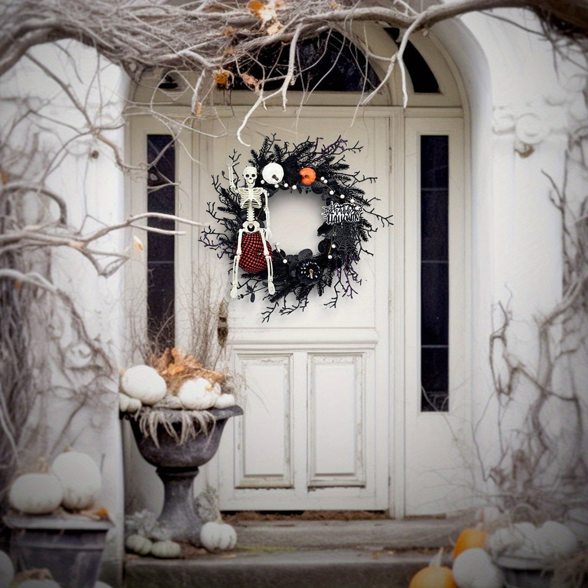 Gothic Halloween Wreath With Poseable Skeleton And Pumpkin Door Decor For Halloween Decor - Image 3