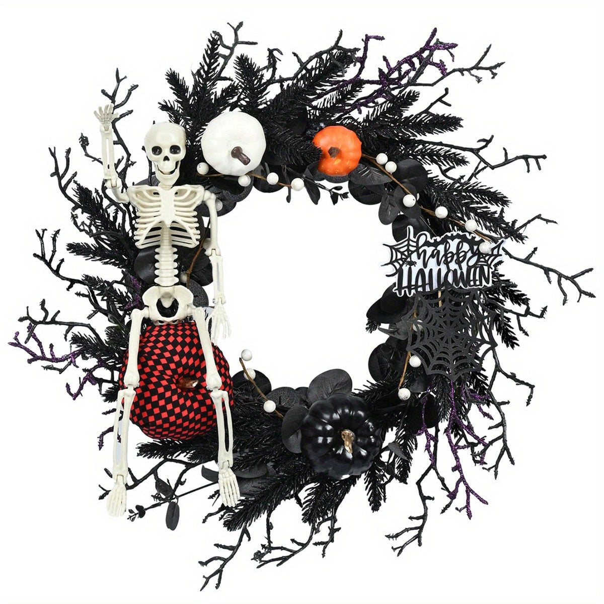 Gothic Halloween Wreath With Poseable Skeleton And Pumpkin Door Decor For Halloween Decor - Image 4