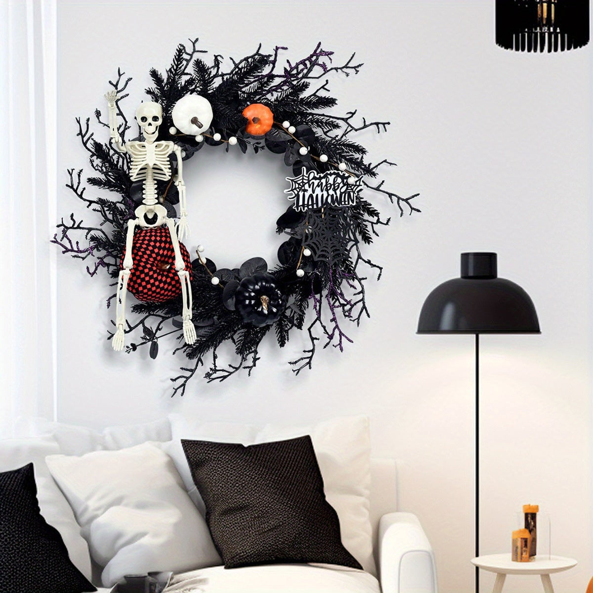 Gothic Halloween Wreath With Poseable Skeleton And Pumpkin Door Decor For Halloween Decor - Image 2