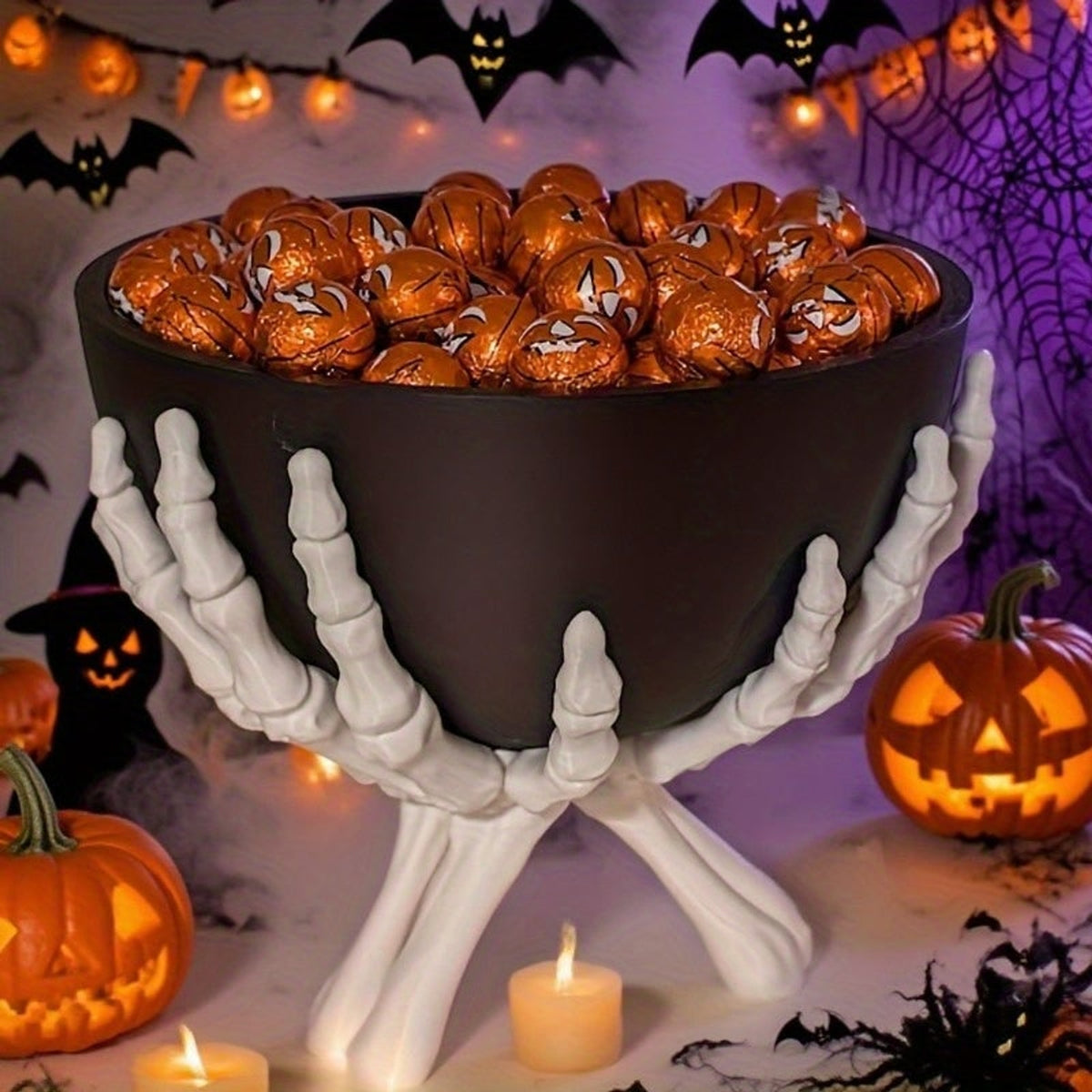 Halloween Candy Bowl With White Skeleton Hands And Matte Black Decor Detachable Components For Indoor Seasonal Use - Image 3