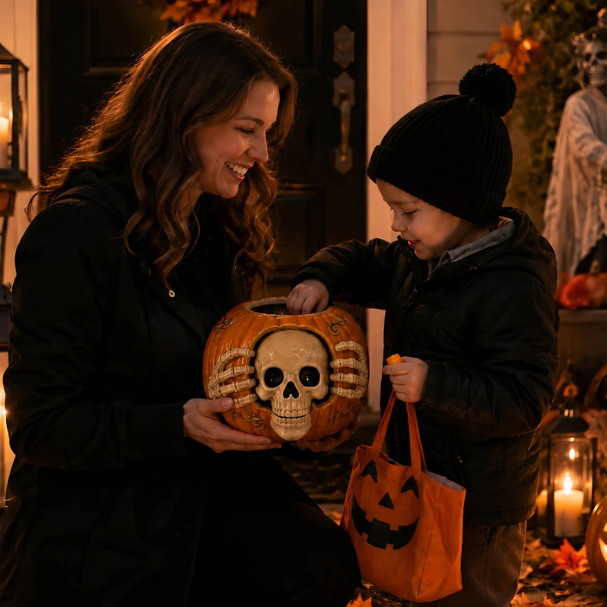 Halloween Candy Jar Featuring A Skull Pumpkin Design With Top Hat And Skeleton Hands Decorative Ceramic Container For Treats And Seasonal Displays - Image 4