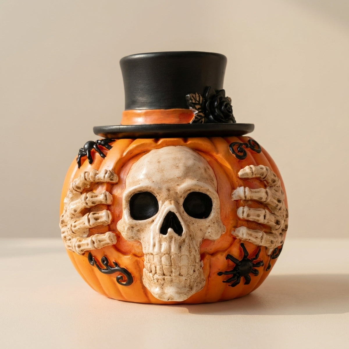 Halloween Candy Jar Featuring A Skull Pumpkin Design With Top Hat And Skeleton Hands Decorative Ceramic Container For Treats And Seasonal Displays - Image 1