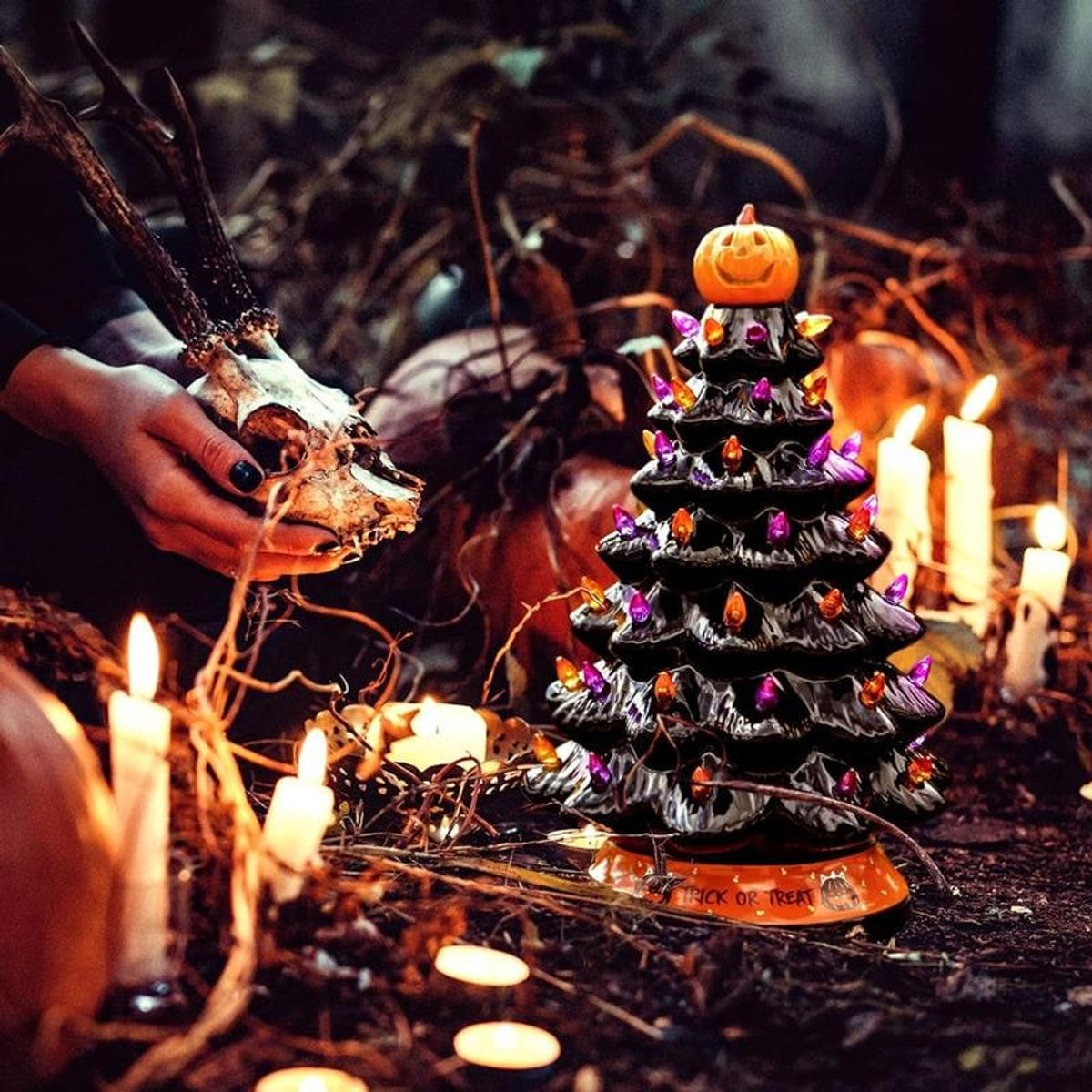 Halloween Christmas Tree Lighted Ceramic Tabletop With Jack-o-lantern Topper And Multi-colored Lights - Image 3