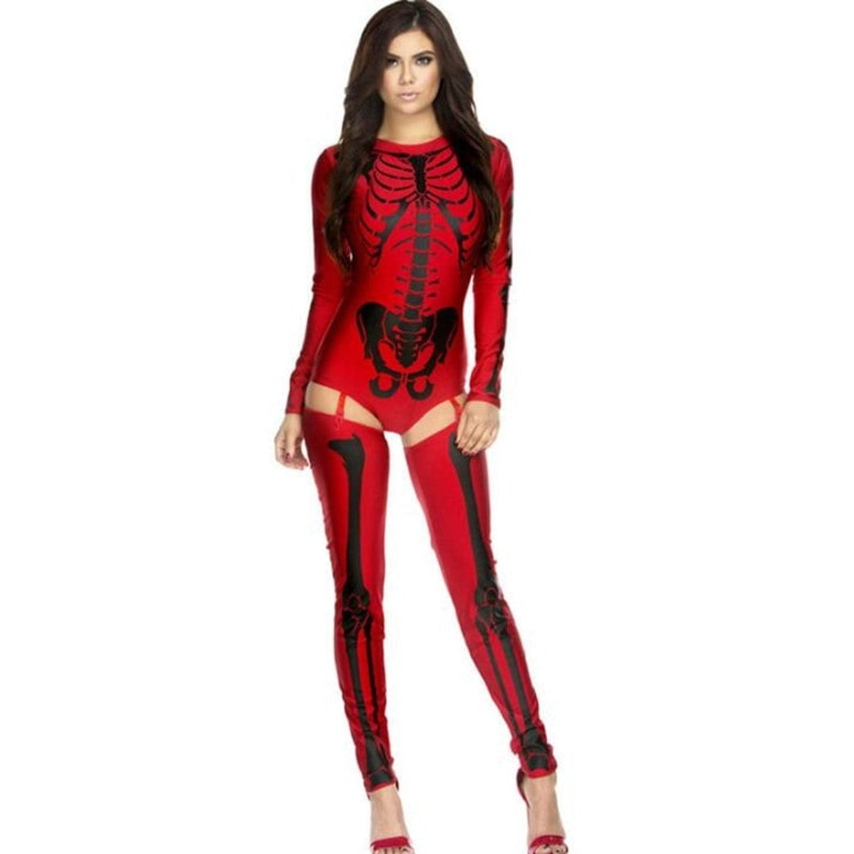 Halloween Costume Outfit Skeleton Bodysuit And Thigh-High Leggings For Party Form-Fitting Long-Sleeve With Striking Bone Print - Image 1