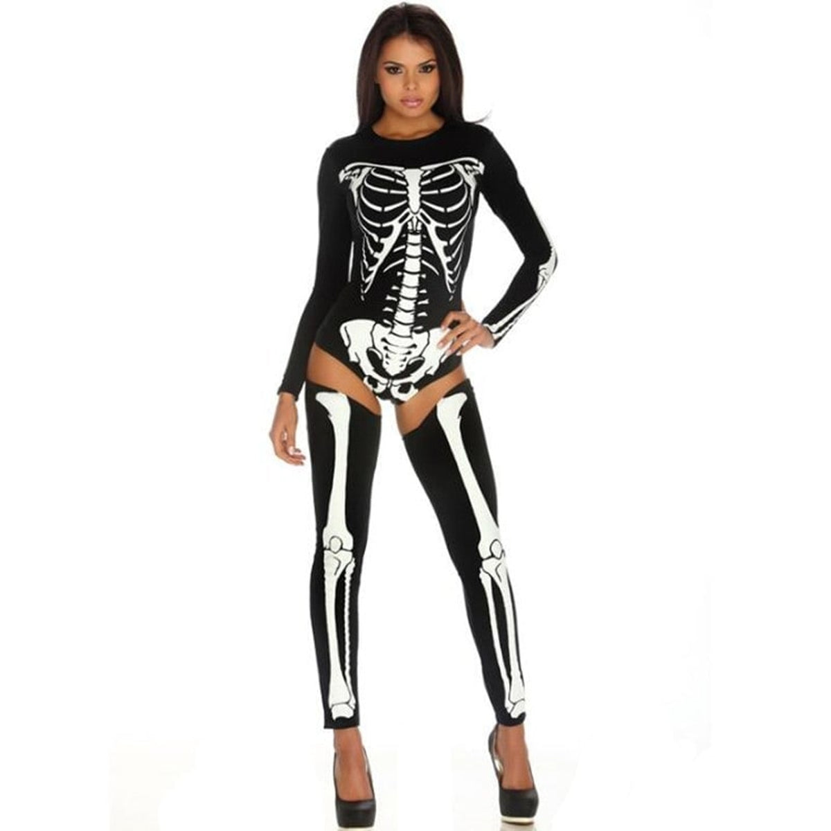 Halloween Costume Outfit Skeleton Bodysuit And Thigh-High Leggings For Party Form-Fitting Long-Sleeve With Striking Bone Print - Image 5