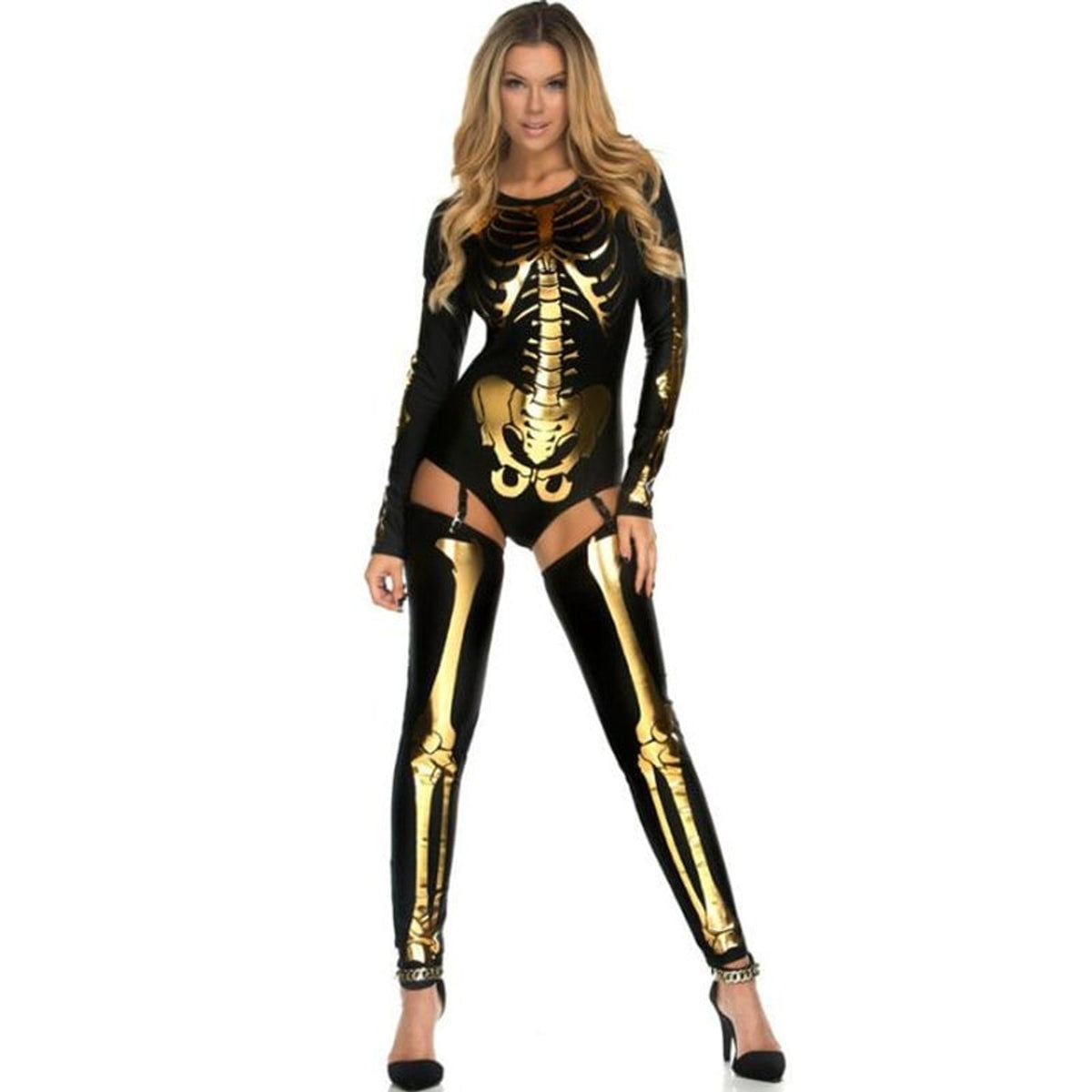 Halloween Costume Outfit Skeleton Bodysuit And Thigh-High Leggings For Party Form-Fitting Long-Sleeve With Striking Bone Print - Image 2