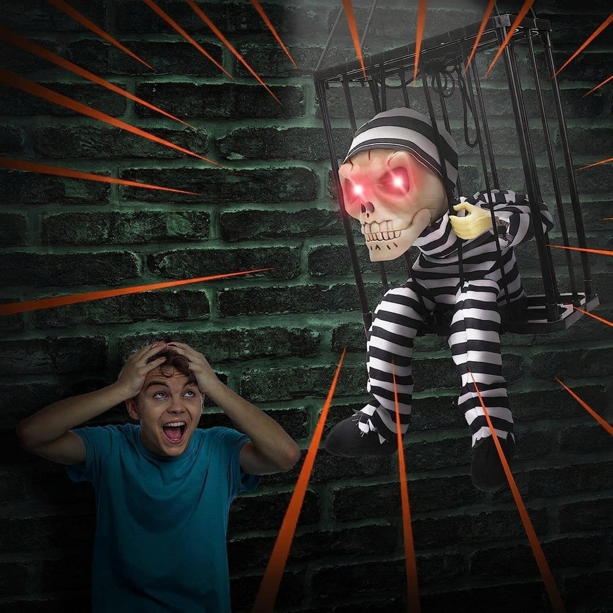 Halloween Decoration Animated Skeleton In Cage With Infrared Motion Sensor And Glowing Red Eyes Battery Operated Decor - Image 2