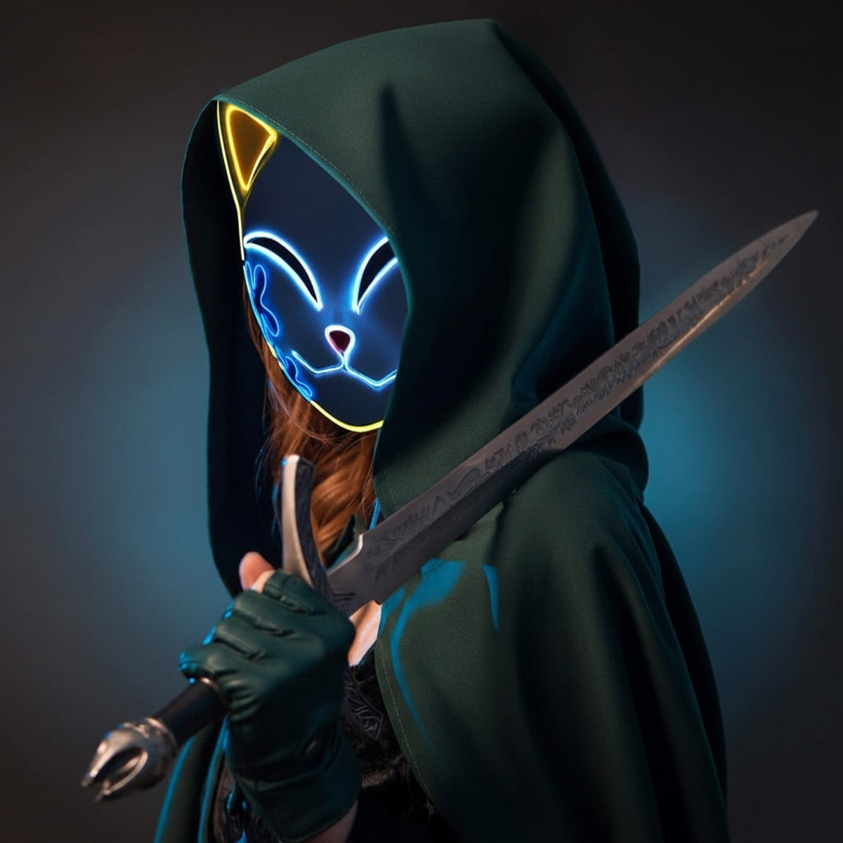 Halloween Mask LED Fox With Japanese Demon Design Cosplay Party Costume And Integrated EL Wire - Image 13