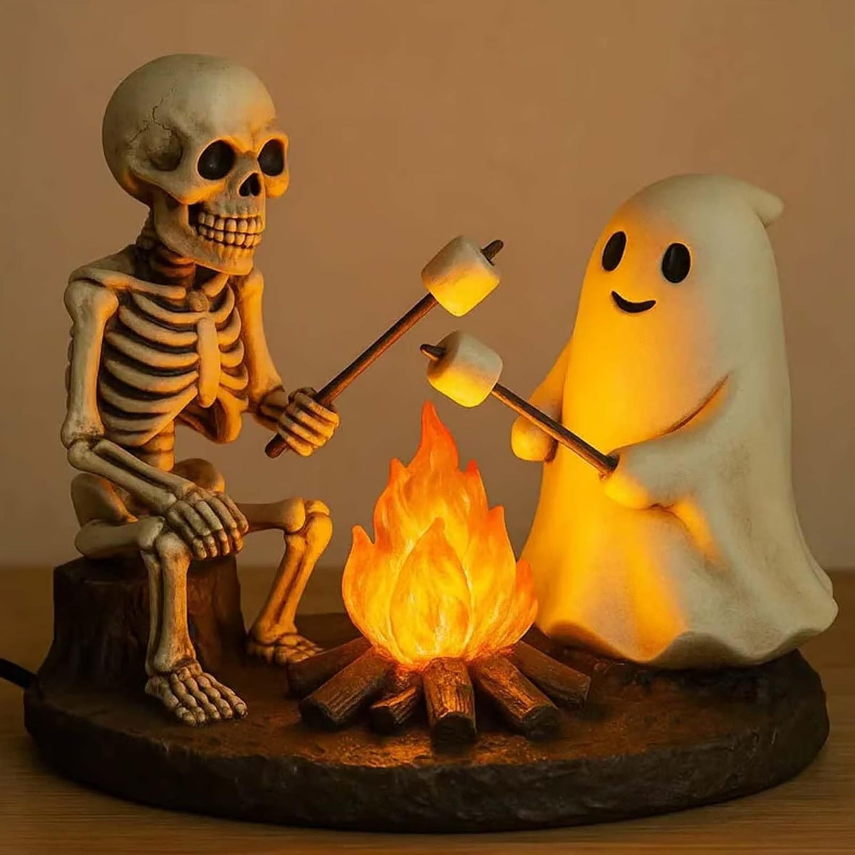 Halloween Night Light Decor With Skeleton And Ghost Roasting Marshmallows Over Bonfire - Image 1