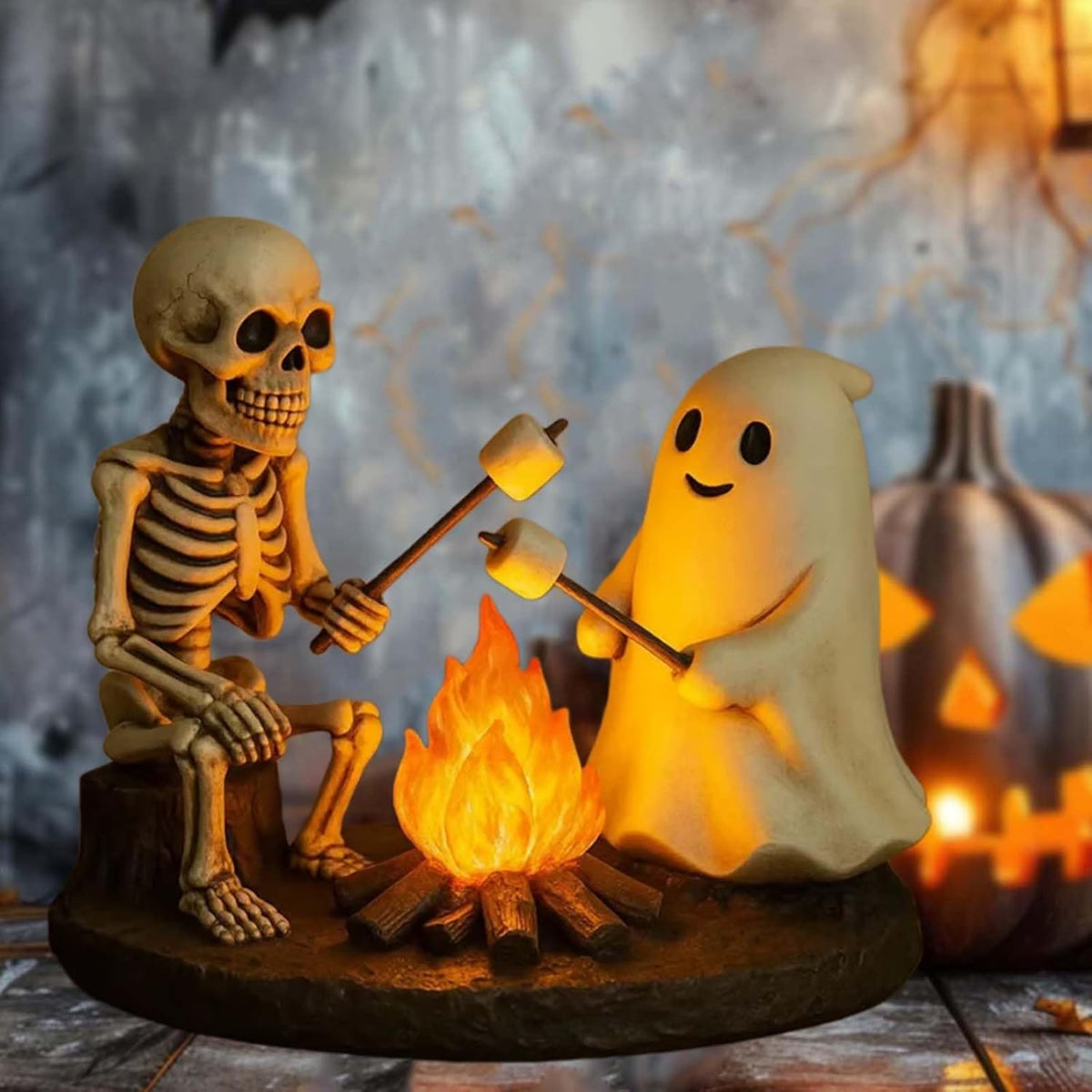 Halloween Night Light Decor With Skeleton And Ghost Roasting Marshmallows Over Bonfire - Image 2