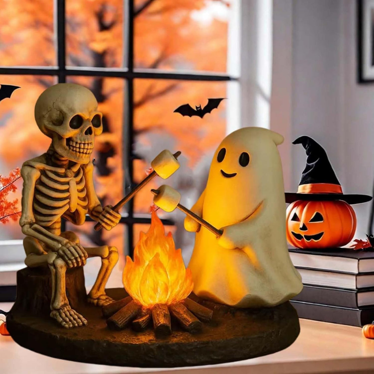 Halloween Night Light Decor With Skeleton And Ghost Roasting Marshmallows Over Bonfire - Image 3